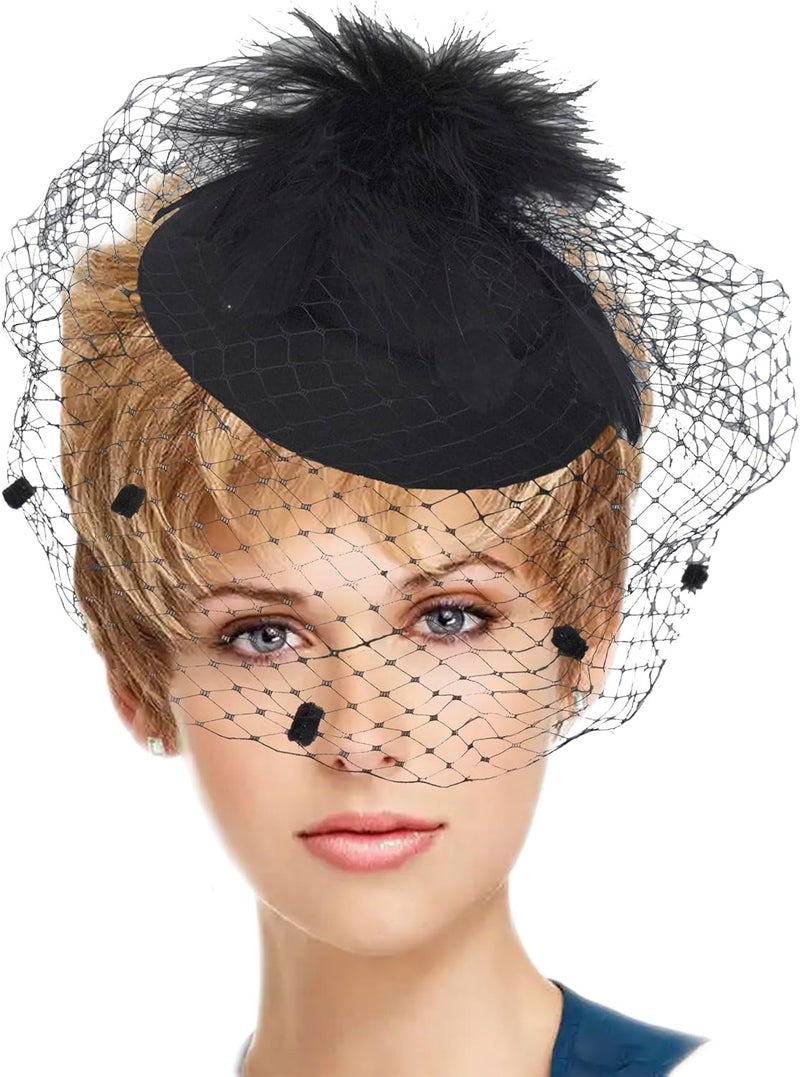 HIWIND Store Fascinators Hat Women Tea Party Pillbox Veil Cocktail Mesh Hat B-Black - Image 2